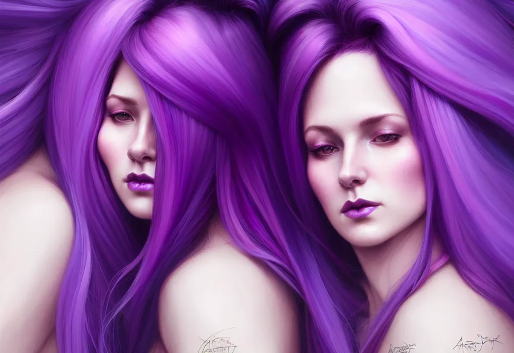 Image similar to Purple hair relistic Portrait of a two woman with bright colored flying hair, all shades of purple. Beauty face, Hair coloring, fantasy, intricate, elegant, highly detailed, digital painting, artstation, concept art, smooth, sharp focus, illustration, art by artgerm and greg rutkowski and alphonse mucha