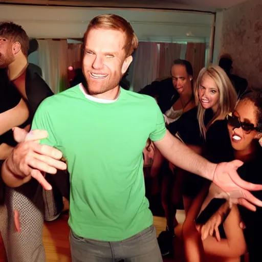 Image similar to photo of a 3 6 year old white man living thinking he's living the best life possible. he looks young for his age. he is at a dance club, it's as if he were in a music video. young woman are flocking to him and can be seen dancing around him in a seductive manner.