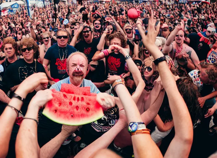 Image similar to photo still of gallagher at vans warped tour!!!!!!!! at age 5 5 years old 5 5 years of age!!!!!!! throwing watermelons into a crowd, 8 k, 8 5 mm f 1. 8, studio lighting, rim light, right side key light