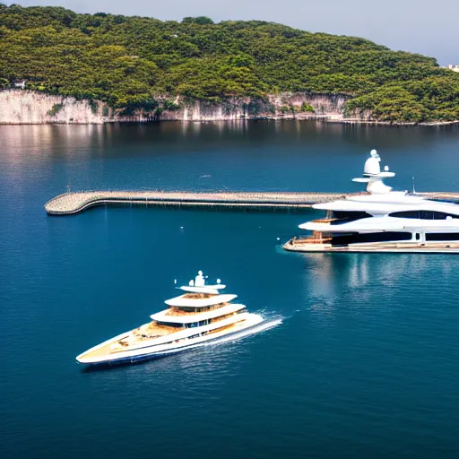 Image similar to gold plated mega yacht with two swimming pools and a helicopter landing pad, docked at harbor, clear and focused, elegant, photograph