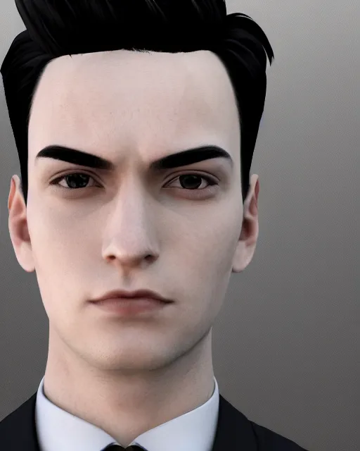 Image similar to detailed portrait Young Adult Male in business suit. Cyberpunk style, corporate styled pure black hair, Pale skin, blank facial expression, Simple professional fitting suit, illustrated by Nai_ Ga Artstation Perfect face, fine details, realistic shaded,