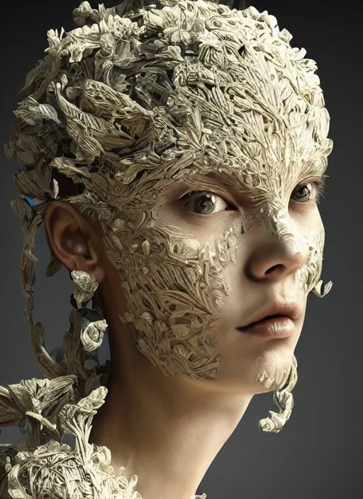 Prompt: sculpture made of wood, portrait, female, tree, future, shaman, harper's bazaar, vogue, magazine, insanely detailed and intricate, concept art, close up, ornate, luxury, elite, elegant, trending on artstation, by ruan jia, by Kenneth Willardt, by ross tran, by WLOP, by Andrei Riabovitchev,