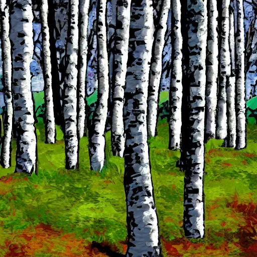 Image similar to Silver birch trees by chunks of bedrock on the side of a hill, digital art, postcard