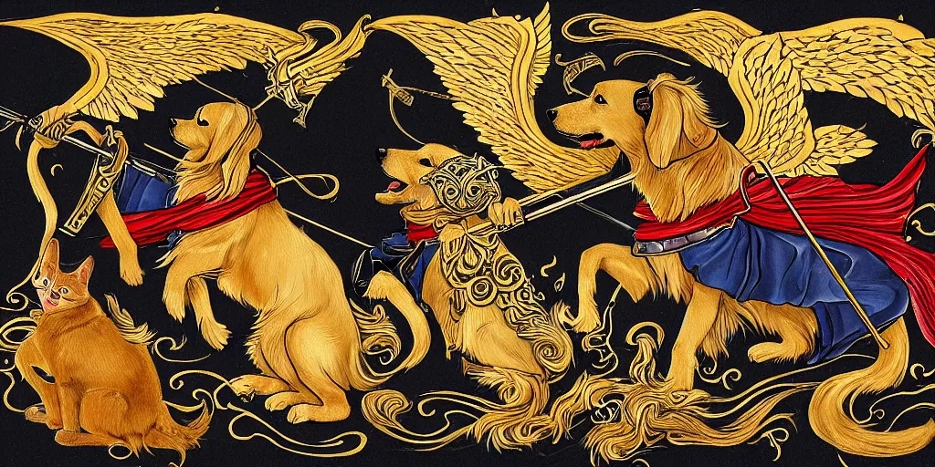 Prompt: full - length professional photo golden retriever in medieval armor with wings ana sword fighting with samurai cat in japanese samurai armor with catana