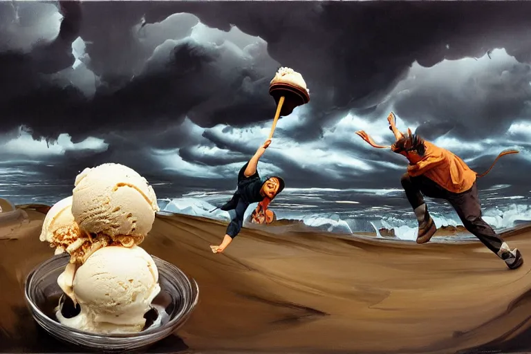 Prompt: best ice cream in the world, dynamic camera angle, deep 3 point perspective, fish eye, dynamic extreme foreshortening of the ice cream, dramatic stormy clouds by phil hale, ashley wood, geoff darrow, james jean, 8k, hd, high resolution print