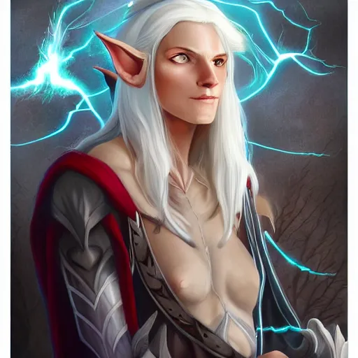 Image similar to Beautiful white haired aged fair skinned scholar elf with spell scroll and lightning background, full body, symmetrical, realism, digital painting, detailed artwork, portrait, mythical, artstation