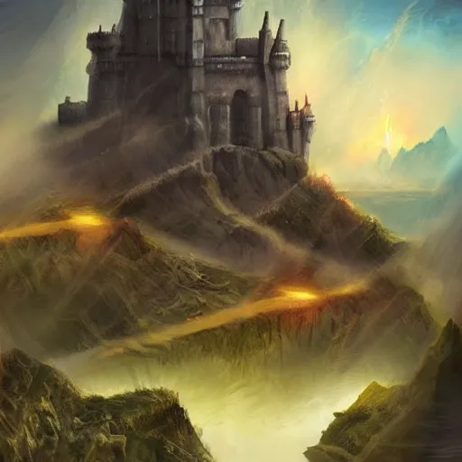 Prompt: a castle on a flying island, masterpiece, flying island on the sky, magic the gathering coloring style, epic fantasy style art, fantasy epic digital art, epic fantasy card game art