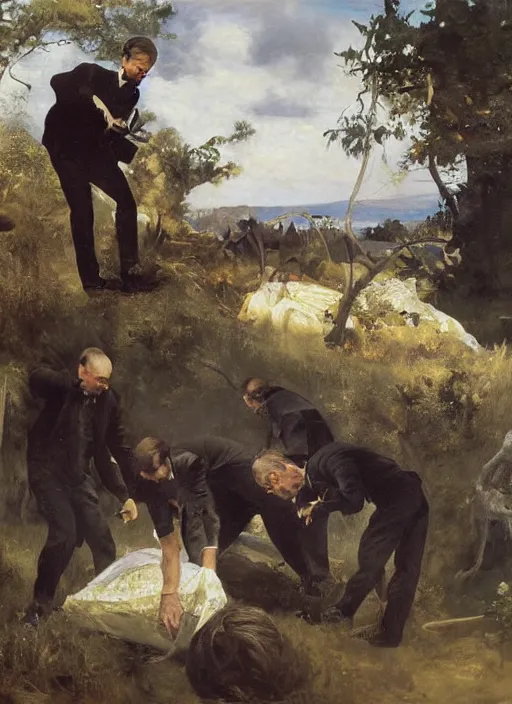 Prompt: artwork painting of the members of the mafia dumping a body by eugene von guerard, ivan shishkin, john singer sargent