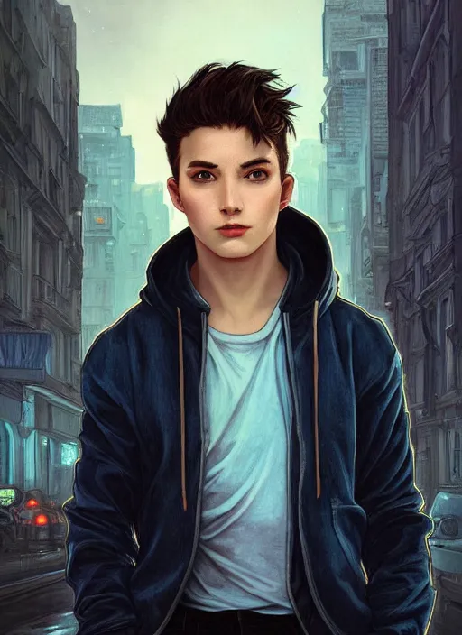 Image similar to handsome young man with short black hair, glowing light blue eyes, pale skin, wearing jeans and a black hoodie, detailed night time cityscape background, realistic painting by ross tran and gerald brom and alphonse mucha, ilya kuvshinov, svetlana tigai, artgerm, trending on artstation