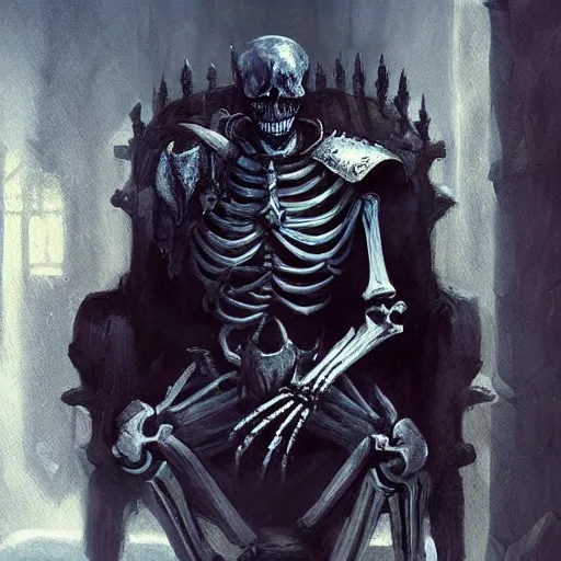 Image similar to Skeleton King, undead knight, resting on his throne, oil painting, by Fernanda Suarez and Greg Rutkowski