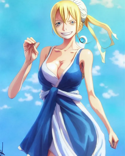 Image similar to nami from one piece, sad cerulean eyes, simple cream dress, detailed perfect face, mid view, by artgerm, by studio muti, greg rutkowski makoto shinkai takashi takeuchi studio ghibli