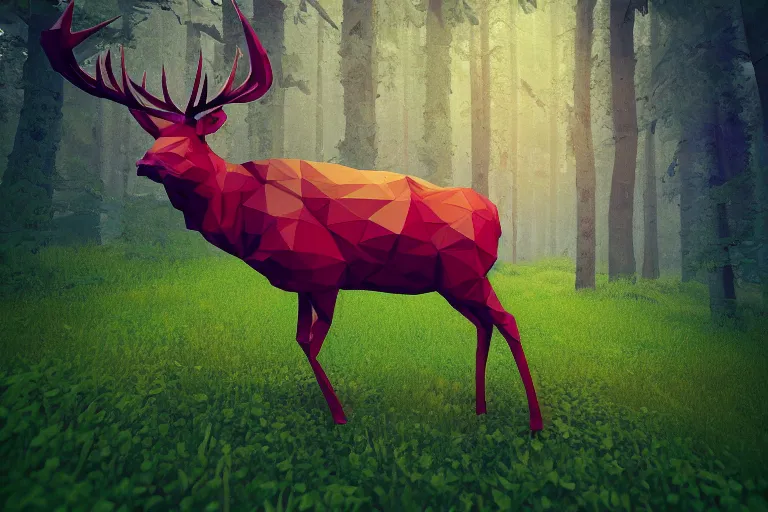 Image similar to super detailed color lowpoly art, red deer in an undergrowth, unreal engine, retrowave color palette, 3 d render, lowpoly, colorful, digital art, perspective