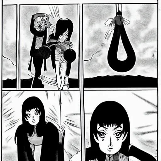 Prompt: Manga Panels, Mila Kunis summons a black spiral void from the sky by Junji Ito