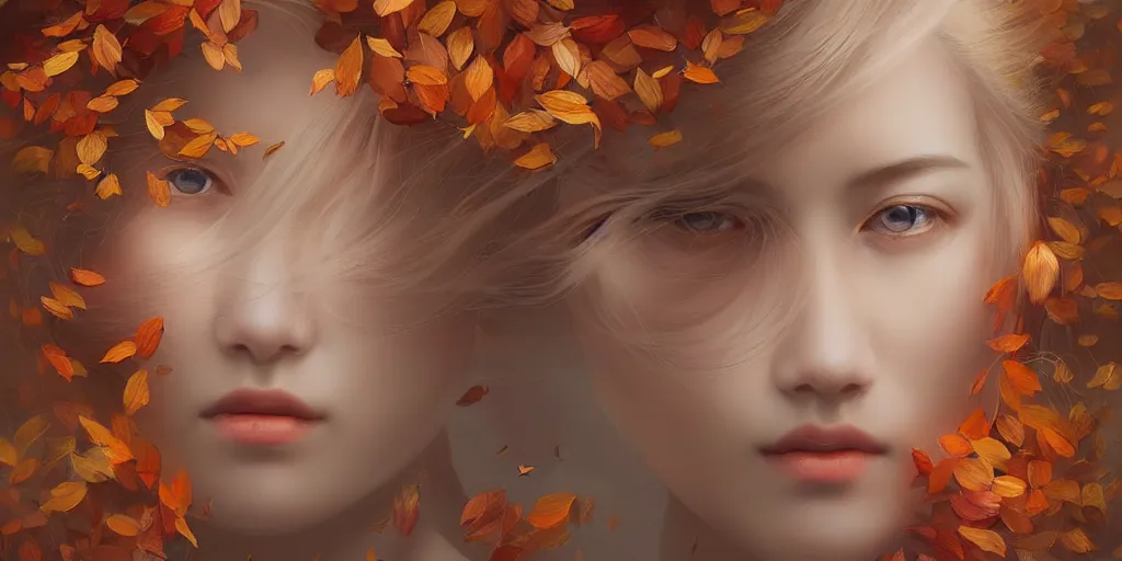 Image similar to breathtaking detailed concept art painting art deco pattern of blonde goddesses faces amalgamation autumn leaves, by hsiao - ron cheng and volegov, bizarre compositions, exquisite detail, extremely moody lighting, 8 k