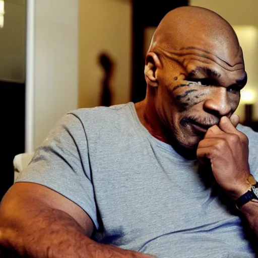 Prompt: mike tyson is talking to an older, grey haired person over the phone, who appears to be a friend of his. mike is telling him that he is angry at the world, and he hates the way he is doing life.