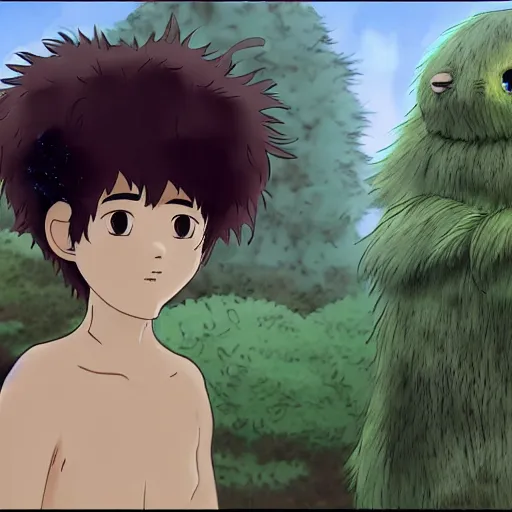 Image similar to guy with a furr creature,rain, kid and animal, climatic atmosphere made by studio ghibli, smooth, detailed face,, beautiful scene, 8k, clear