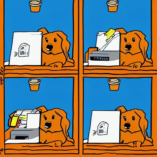 Prompt: golden retriever puppy working in an office, looking tired, in the style of dilbert, style of scott adams, style of comic strip, full color illustration, mondays, coffee mug