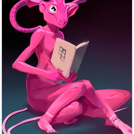 Prompt: a hot pink tiefling with a tinfoil hat, a pet rat, exasperated, character art, full body art, dungeons and dragons, d & d, trending on artstation, artgerm, 4 k ultra hd, sharp focus, digital art by ilya kuvshinov and ross tran