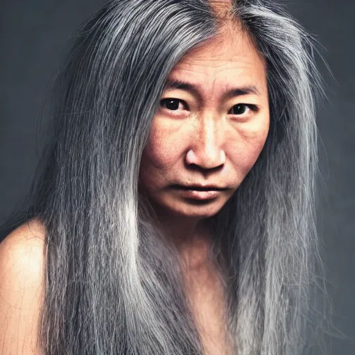 Image similar to candid portrait photograph of a tanned asian egirl with long silver hair, taken by annie leibovitz