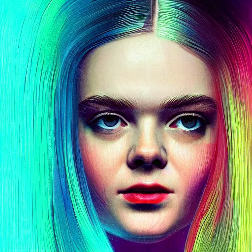 Image similar to Elle Fanning transcending into cyberspace in the style of Paola Vetri, head and shoulders portrait, stormy weather, extremely detailed masterpiece, oil on canvas, low-key neon lighting, artstation, Blade Runner 2049, Roger Deakin’s cinematography, by J. C. Leyendecker and Peter Paul Rubens and Edward Hopper and Michael Sowa,