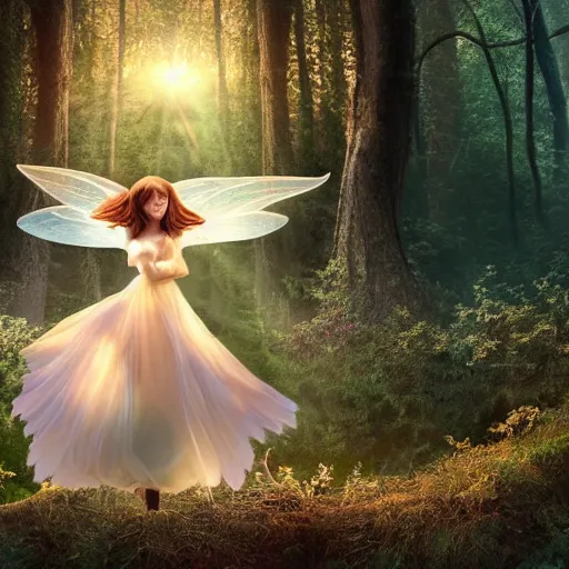 Prompt: a very detailed, high definition, dreamful, faceless, beatiful, female fairy wearing a translucent, white dress levitating in the air in a thickly vegetated forest in a wonderful fantasy world, dreamlike light incidence, surrounded by many fairies, during sunset, art style, award winning picture