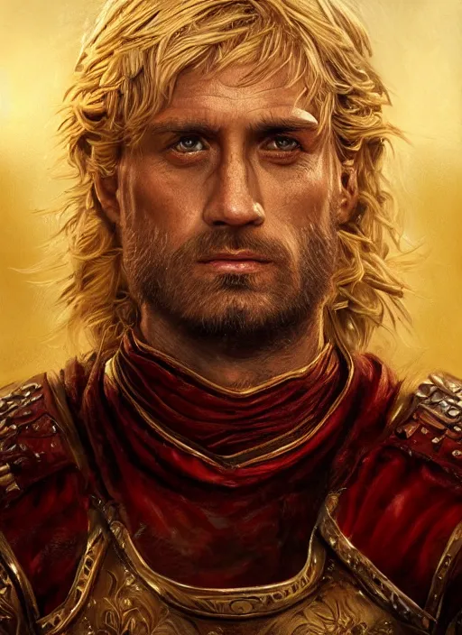 Image similar to highly detailed oil painting, masterpiece portrait warrior male lannister, fantasy character portrait, dynamic pose, above view, top lighting, realistic shaded, perfect face, 8 k realistic, hyper detailed, digital painting, artstation, concept art, hyper detailed eyes, top lighting