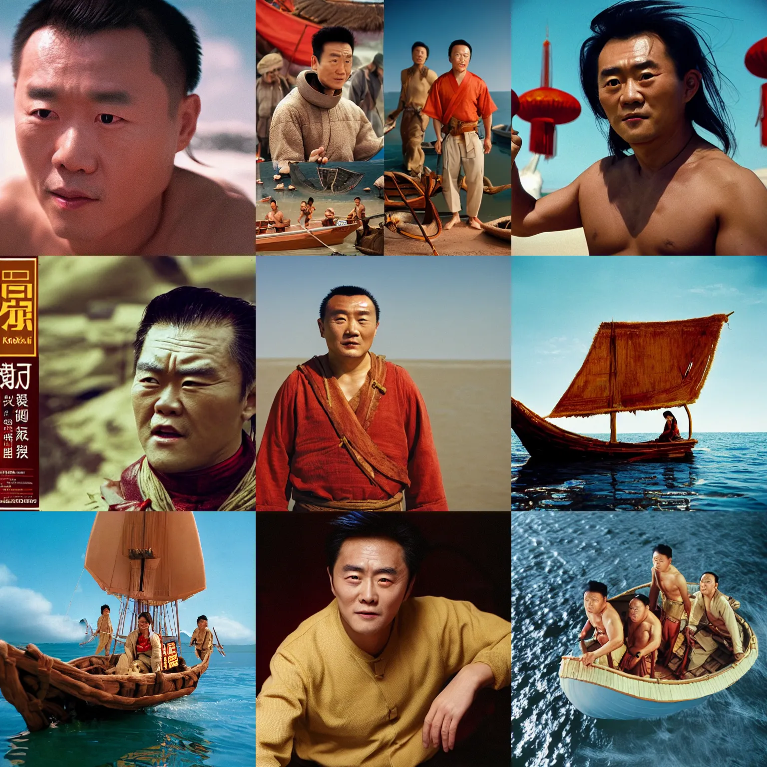 Prompt: Kodak portra 160, 4K: famous chinese actor in low budget kon-tiki movie remake, space lake scene