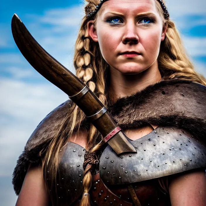 Prompt: professional photograph of a beautiful! female viking warrior. Extremely detailed. 8k