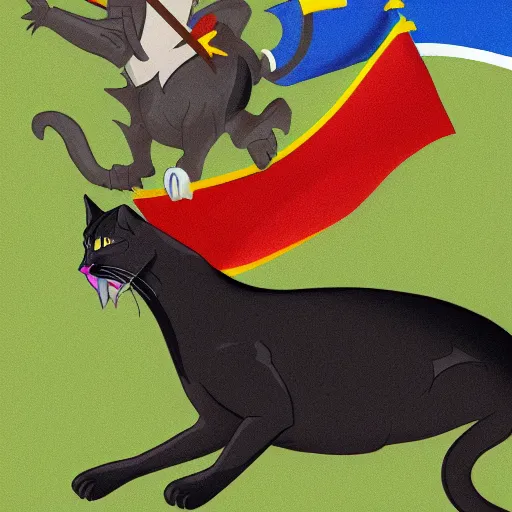 Image similar to a warrior cat carrying his battle flag while riding a large steed cat that is galloping into battle