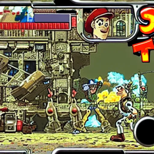 Prompt: gameplay still of metal slug game featuring toy story characters, by SNK for neo Geo arcade