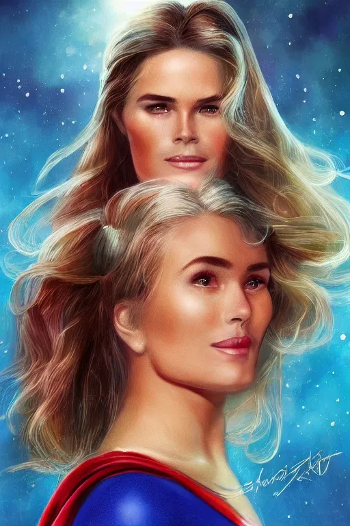 Image similar to portrait of a mix of beautiful young maria shriver, mariel hemmingway, brooke shields and elle macpherson as supergirl, thin lips, hair tied up in a pony tail, colorful artstation, cgsociety