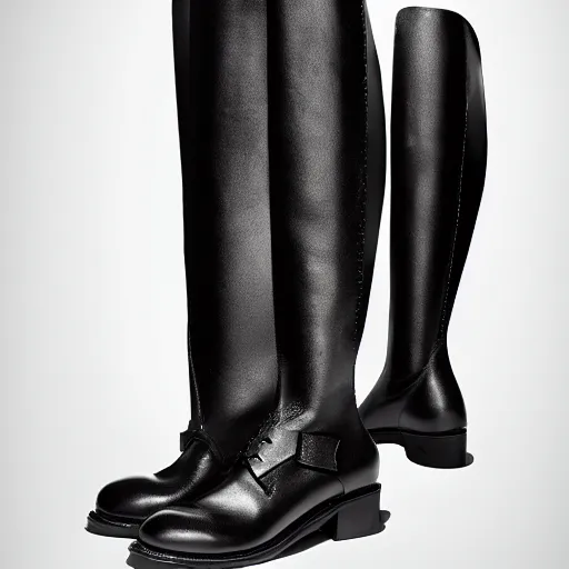 Prompt: an award - winning editorial photo of medieval designer menswear leather boots designed by alexander mcqueen, 4 k, studio lighting, wide angle lens