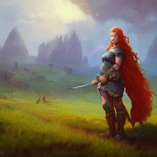 Prompt: a warrior girl standing on a medieval fantasy meadow landscape, digital art, oil on canvas, by andreas rocha, trending on artstation, 4k wallpaper, vibrant colors