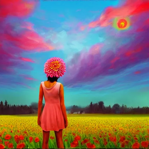 Image similar to giant dahlia flower head, full body girl standing in a flower field, surreal photography, sunrise, dramatic light, impressionist painting, colorful clouds, digital painting, artstation, simon stalenhag