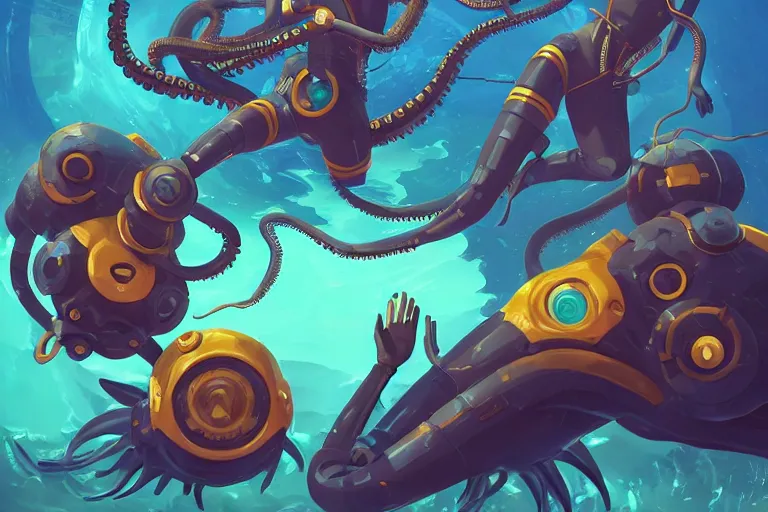 Image similar to afro - futurist scuba divers swimming away from a one - eyed tentacled monster | hyperrealistic digital painting by makoto shinkai, ilya kuvshinov, lois van baarle, rossdraws | afrofuturism in the style of hearthstone and overwatch, trending on artstation