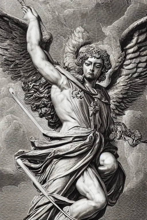 Prompt: A copper engraving of michael the archangel, triumphant, glorious, HD, 4k, 8k, incredibly detailed, intricate, masterpiece,