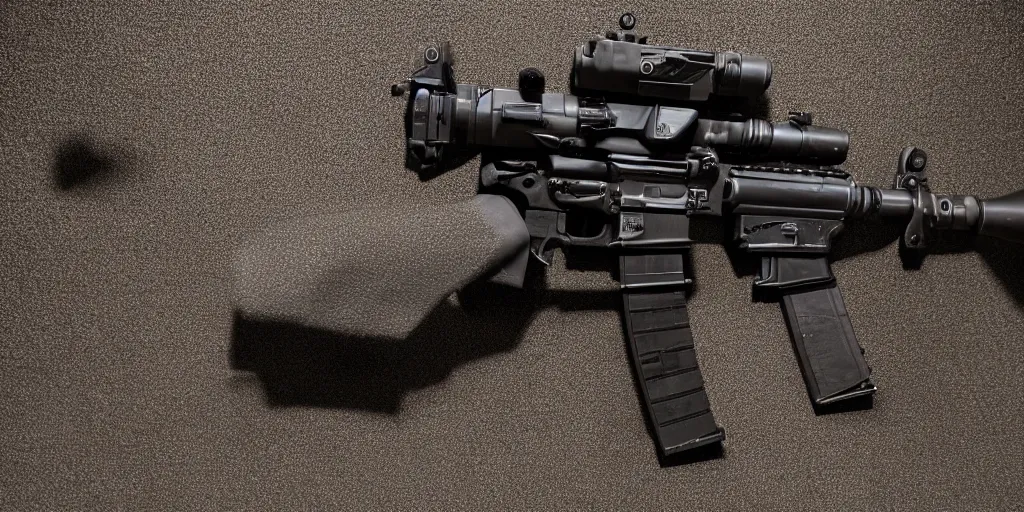 Prompt: m4 carbine, black, scifi, dirty, gritty, studio lighting, chromatic aberration, concept art