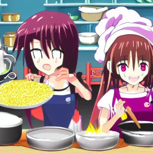 Image similar to 5 anime sisters cooking rice in Daly City creating hot fog