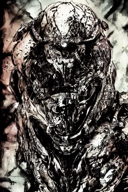 Image similar to predator illustrated by yoji shinkawa, science fiction horror action, ink, digital painting, highly detailed, trending on artstation, sharp focus, illustration, concept art, norman rockwell