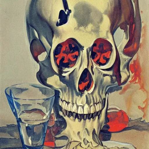 Image similar to transparent red liquid inside in a transparent skull, alexandre benois