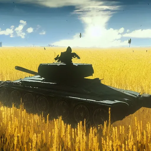 Image similar to a high resolution very detailed image of russian tank final boss battle from nier : automata in yellow rye field under pure blue skies