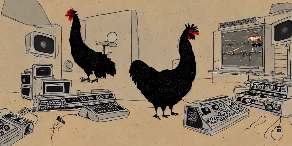 Image similar to 'black chicken'!!! smoking 'cannabis'!!!!!! in front of 'audio console'!!!! and 'multi monitors'!!!! 'in a hi-tech tv broadcasting studio'!!!!, artwork by James Gilleard