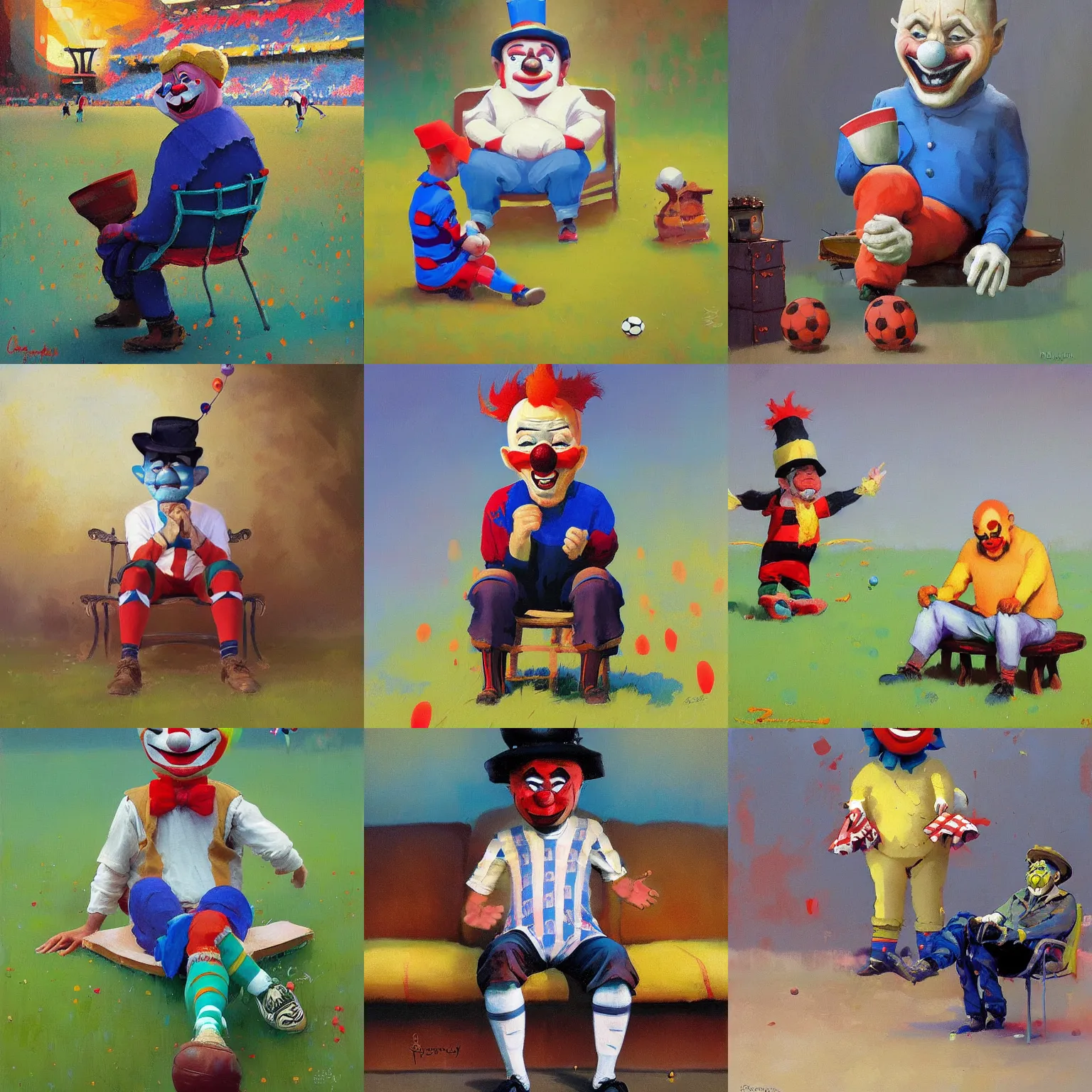 Prompt: silly little grumpy man clown, sitting and watching a soccer match on television, he has hurt his knee and is a dad, by erin hanson, alexi zaitsev, karl spitzweg, award winning