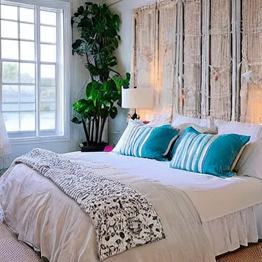 Image similar to a beautiful bedroom, beach aesthetic