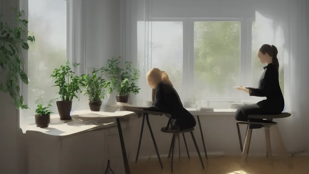 Prompt: peaceful dreamy painting of a young woman sitting at a desk with a black cat, sunshine coming through the window, small plants on the window sill, 8k, hyper realism, trending on artstation, octane render, dynamic lighting