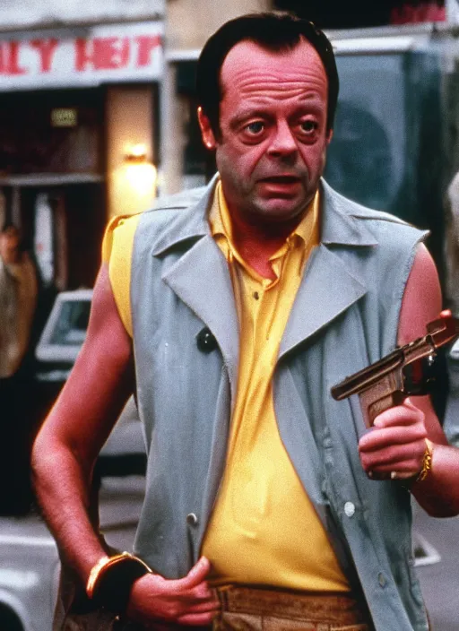 Prompt: film still of Del Boy from Only Fools & Horses as John McClane in Die Hard, 4k