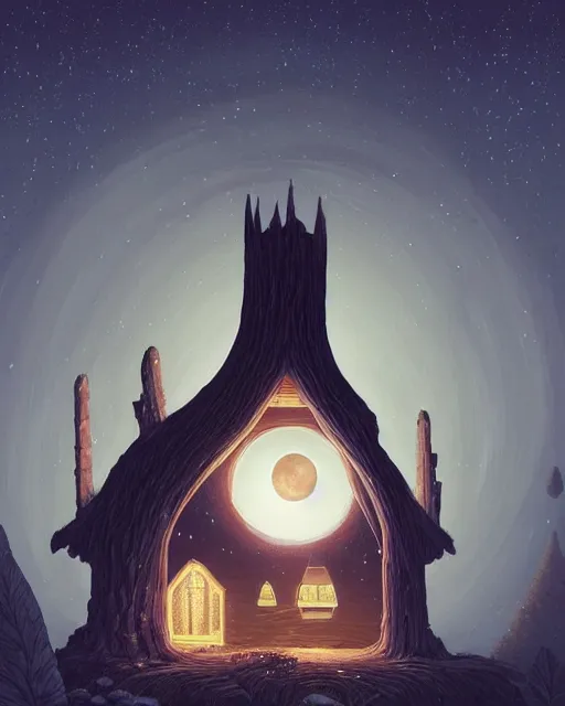 Image similar to beautiful painting of a serene moon at night over a elven house, art by mike winkelmann, sky night, illustration, highly detailed, simple, smooth and clean vector curves, no jagged lines, vector art, smooth, artstation