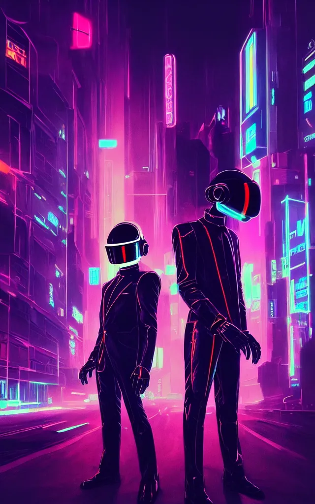 Image similar to concept art of daft punk at a magnificent dark neon futuristic cyberpunk city bustling street at night cyberart by liam wong in the film akira rendered in octane, 3 d render, trending on cgsociety, blender 3 d