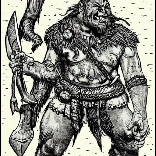 Prompt: orc with axe, full body, dnd, high detail, fantasy, in the style of vintage antique illustration and line drawing or engraving - c 9. 0