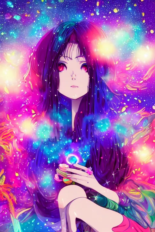 Image similar to psychedelic, whimsical, anime, 4k, beautiful intimate woman blowing smoke, with professional makeup, long trippy hair, a crystal and flower dress, sitting in a reflective pool, surrounded by gems, underneath the stars, rainbow fireflies, trending on patreon, deviantart, twitter, artstation, volumetric lighting, heavy contrast, art style of Ross Tran and Ilya Kuvshinov